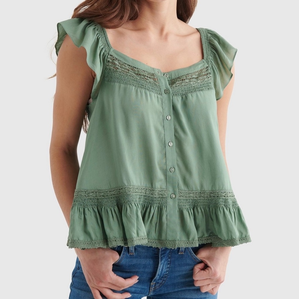 Lucky Brand Flutter Sleeve Peplum Top — Green